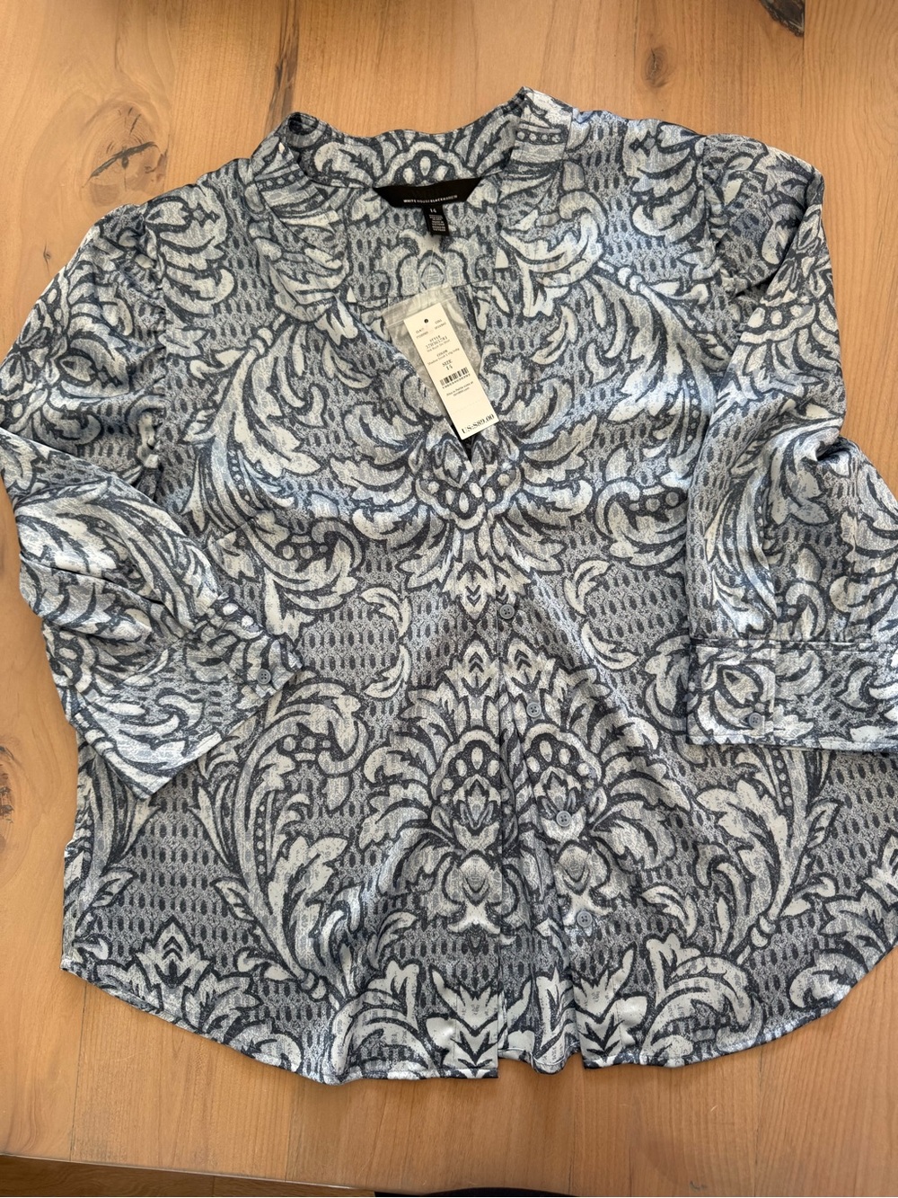 White House Black Market Blue and White Printed V-Neck Blouse